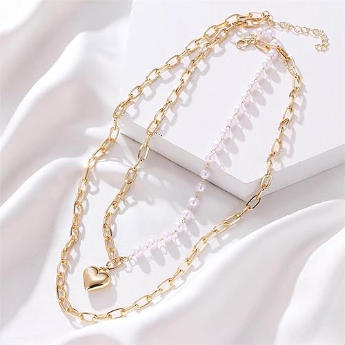 Brass Gorgeous Gold Plated Double Layered Chunky Chain Link Studded with Pearl Heart Pendant Necklace