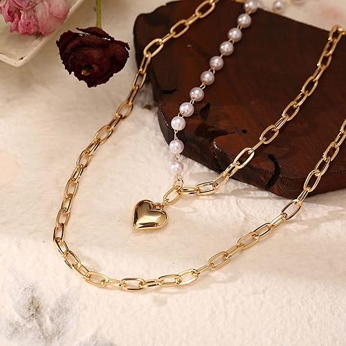 Brass Gorgeous Gold Plated Double Layered Chunky Chain Link Studded with Pearl Heart Pendant Necklace
