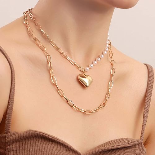 Brass Gorgeous Gold Plated Double Layered Chunky Chain Link Studded with Pearl Heart Pendant Necklace