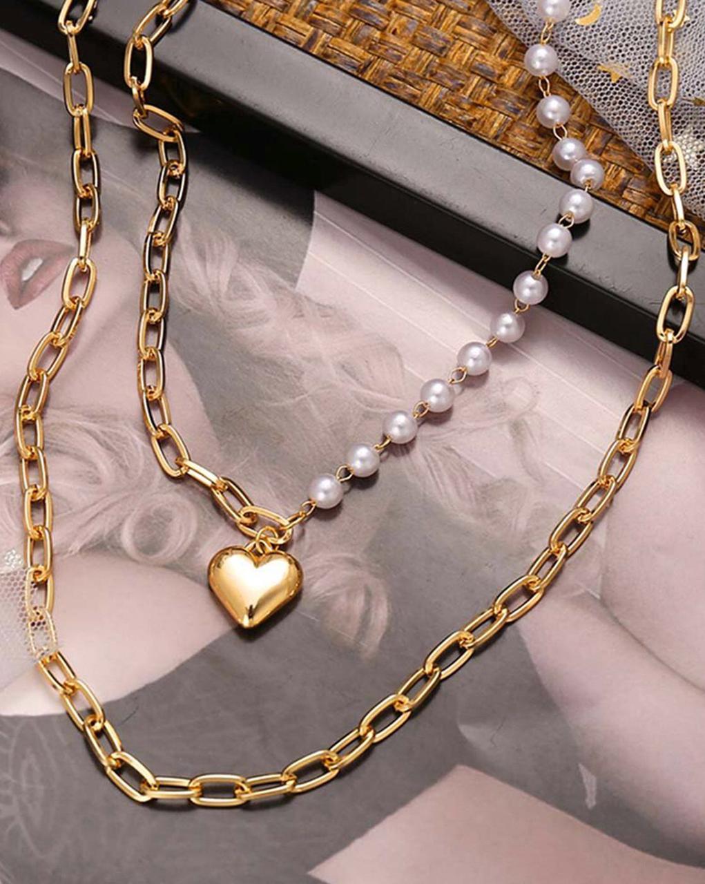 Brass Gorgeous Gold Plated Double Layered Chunky Chain Link Studded with Pearl Heart Pendant Necklace