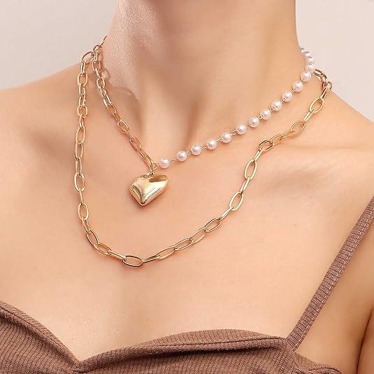 Brass Gorgeous Gold Plated Double Layered Chunky Chain Link Studded with Pearl Heart Pendant Necklace