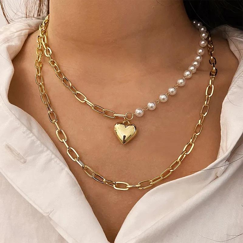 Brass Gorgeous Gold Plated Double Layered Chunky Chain Link Studded with Pearl Heart Pendant Necklace